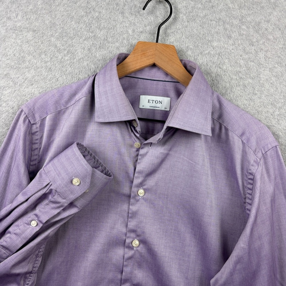 Eton Shirt Mens 16.5 42 Purple Herringbone Signature Twill Contemporary Dress